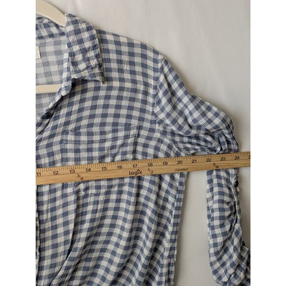 Pink Rose‎ Blouse Womens Small Blue White Gingham Check Plaid Tie Front Button - Picture 5 of 7